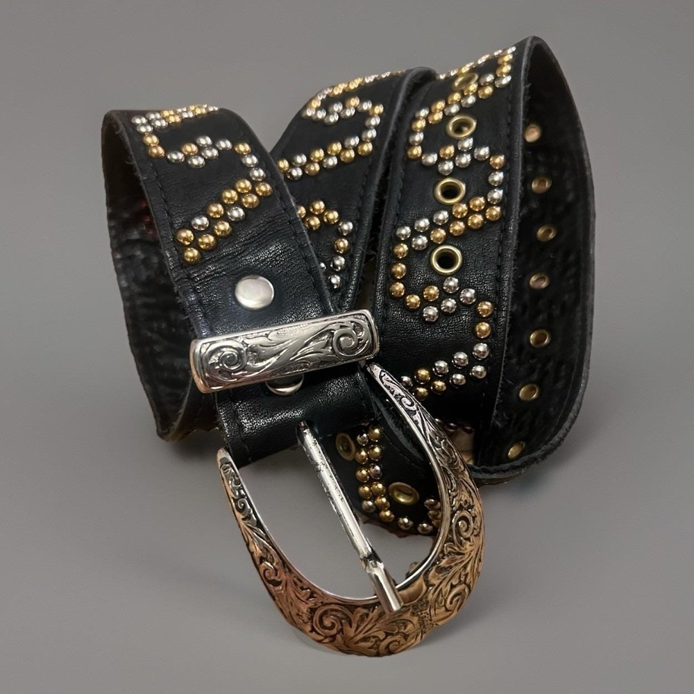 Vintage 90's Sand Castle Black Leather & Studded Grommet Belt Size S-L